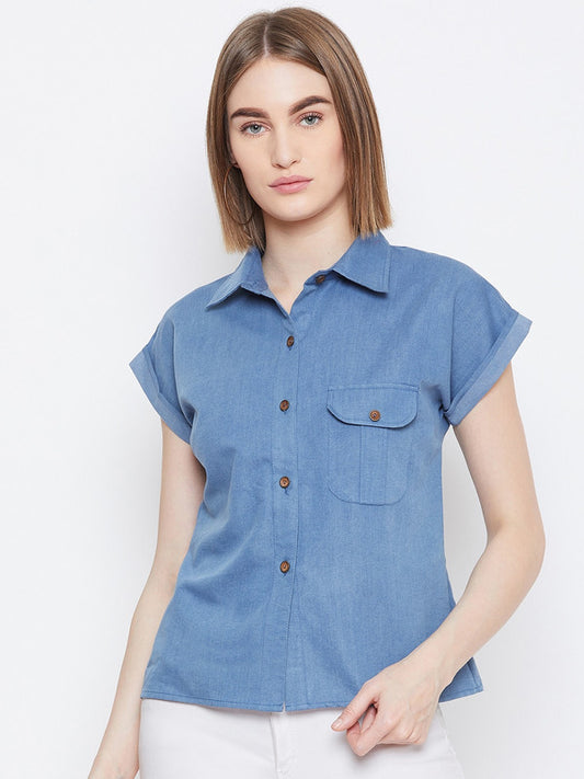 Blue Coloured with solid Short Sleeves Spread Collar Button closure Women Party/Daily wear Western Denim Shirt Style Top!!