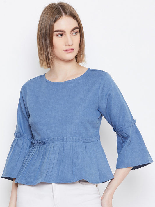 Blue Coloured with Solid Round Neck three quarter Bell Sleeves Women Party/Daily wear Western Denim Peplum Top!!