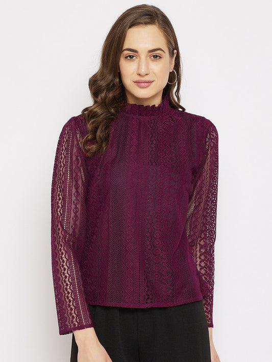 Burgundy Coloured with Lace Knitted High Neck Long Sleeves Button Closure Women Party/Daily wear Western Lace Top!!
