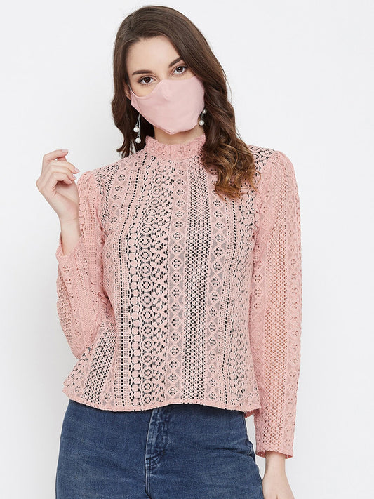 Peach Coloured with Lace Knitted High Neck Long Sleeves Button Closure Women Party/Daily wear Western Lace Top!!