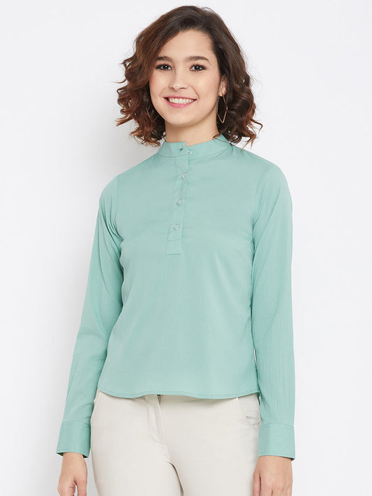 Green Coloured with solid Collared Neck long Sleeves Button Closure Women Party/Daily wear Western Shirt Style Top!!