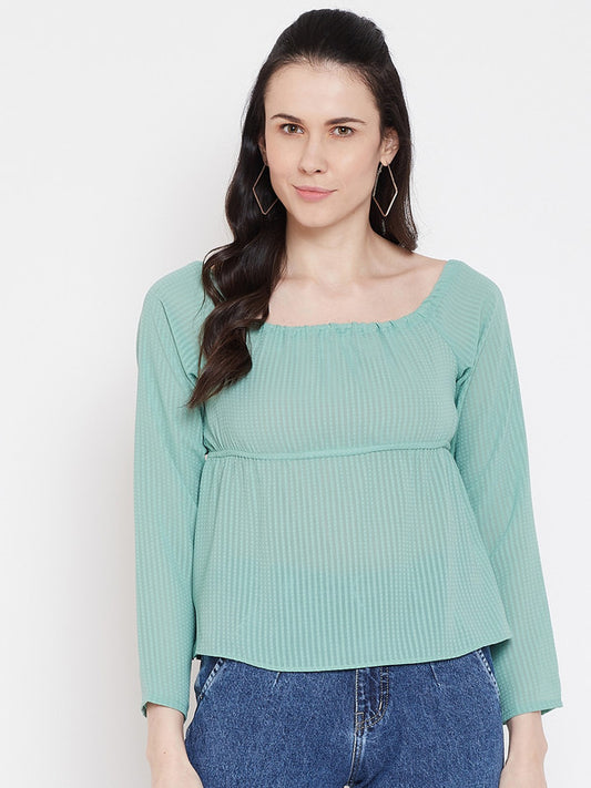 Light Green Coloured with Solid Round Neck Long Sleeves Women Party/Daily wear Western Peplum Top!!