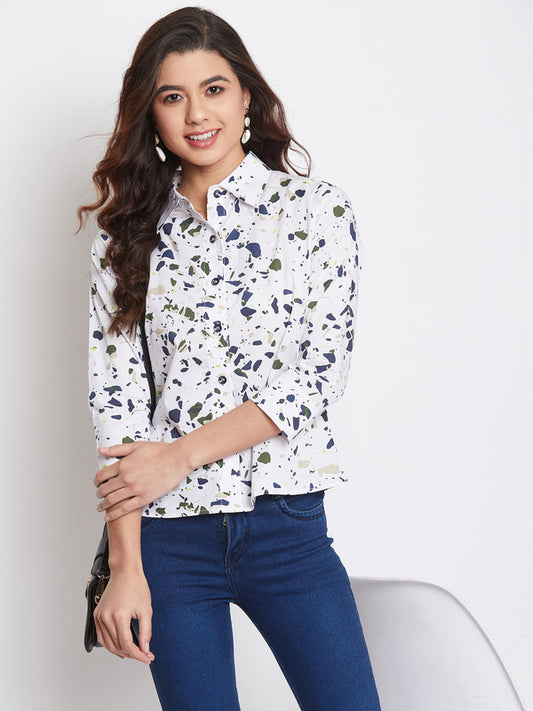 White Coloured with printed three quater sleeves button closure spread collar Women Party/Daily wear Western Cotton Shirt!!