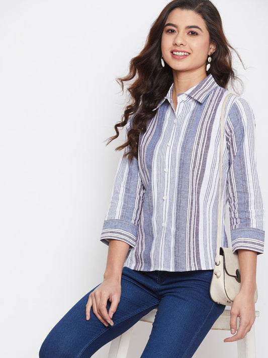 Blue & White Coloured with three quater sleeves button closure spread collar Women Party/Daily wear Western Striped Linen Shirt!!