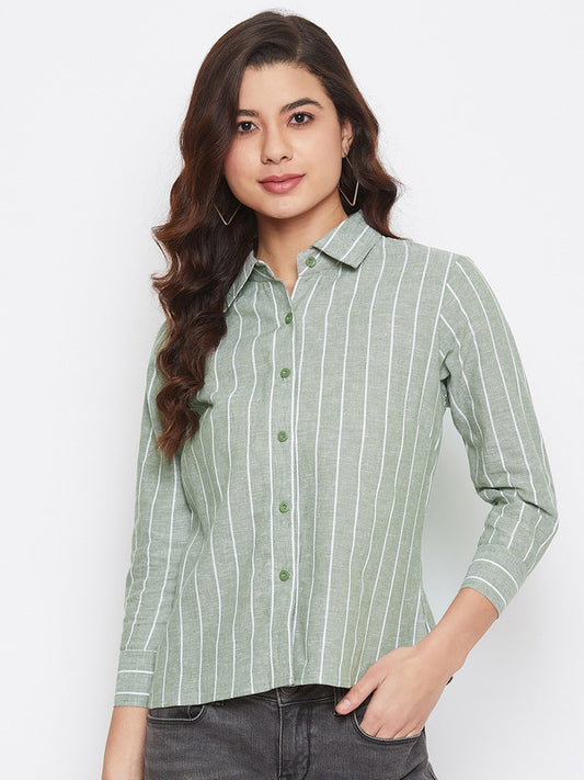 Sage green Coloured with three quater sleeves button closure spread collar Women Party/Daily wear Western Linen Shirt!!