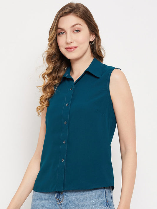 Teal Coloured with no sleeves button closure spread collar Women Party/Daily wear Western Shirt!!