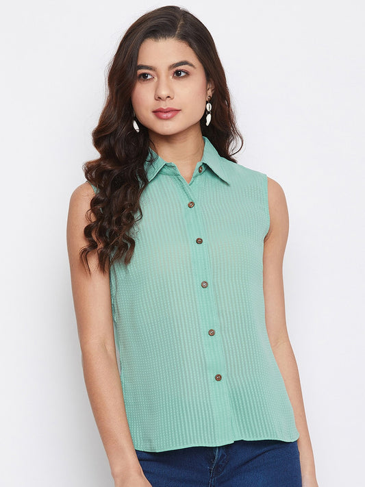 Light Green Coloured with no sleeves button closure spread collar Women Party/Daily wear Western Shirt!!