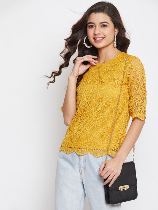 Mustard Coloured with round neck short sleeves attach lining Women Party/Daily wear Western Self Design Lace Top!!