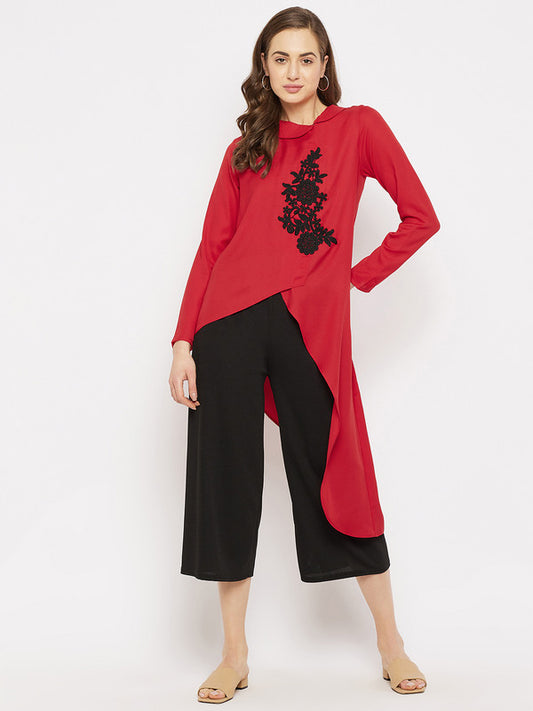 Red Coloured with long sleeves collared neck patch Detailing Women Party/Daily wear Western Assymetric Top!!