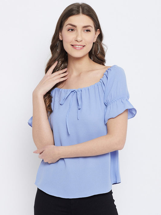 Light Blue Coloured with solid round neck short puff sleeves Women Party/Daily wear Western Blouson Top!!