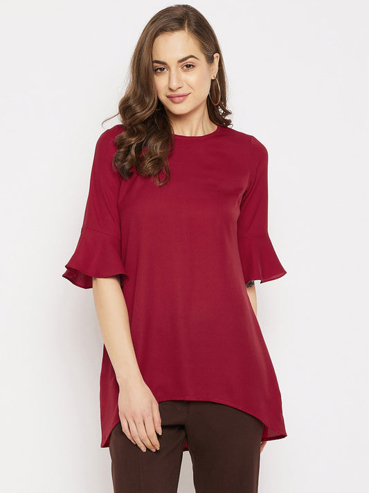 Maroon Coloured with solid woven round neck three quarter bell sleeves button closure Women Party/Daily wear Western Longline Top!!