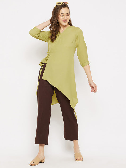 Light green Coloured with solid V neck three quarter sleeves  Women Party/Daily wear Western Assymetric Top!!