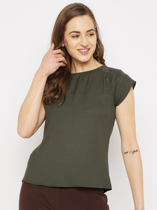 Olive Coloured with solid woven round neck short sleeves Women Party/Daily wear Western Top!!