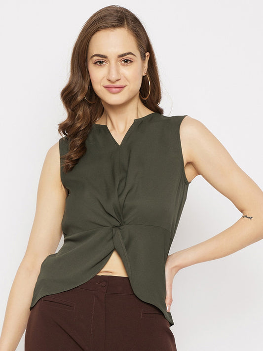 Olive Coloured with solid woven V neck no sleeves twisted detailing on front Women Party/Daily wear Western Top!!
