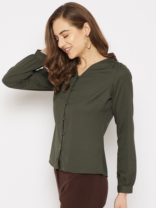 Olive Coloured with solid V neck full sleeves button closure Women Party/Daily wear Western Shirt Style Top!!