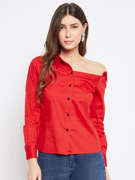 Red Coloured Popline Cotton Solid Women Party/Daily wear Western One Shoulder Shirt Style Top!!