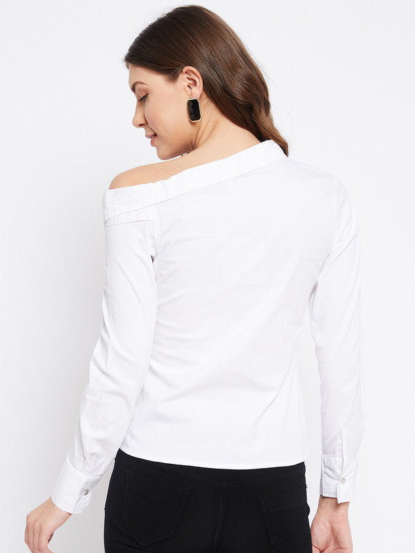 White Coloured Popline Cotton Solid Women Party/Daily wear Western One Shoulder Shirt Style Top!!