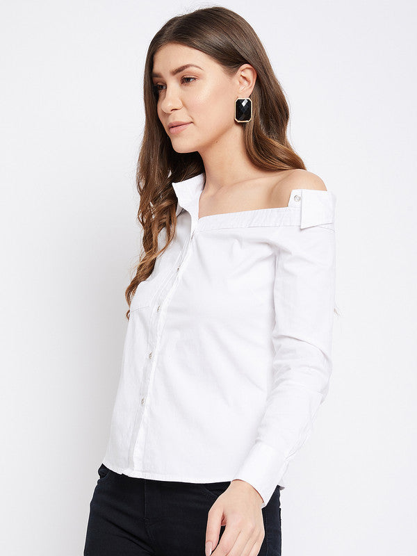 White Coloured Popline Cotton Solid Women Party/Daily wear Western One Shoulder Shirt Style Top!!