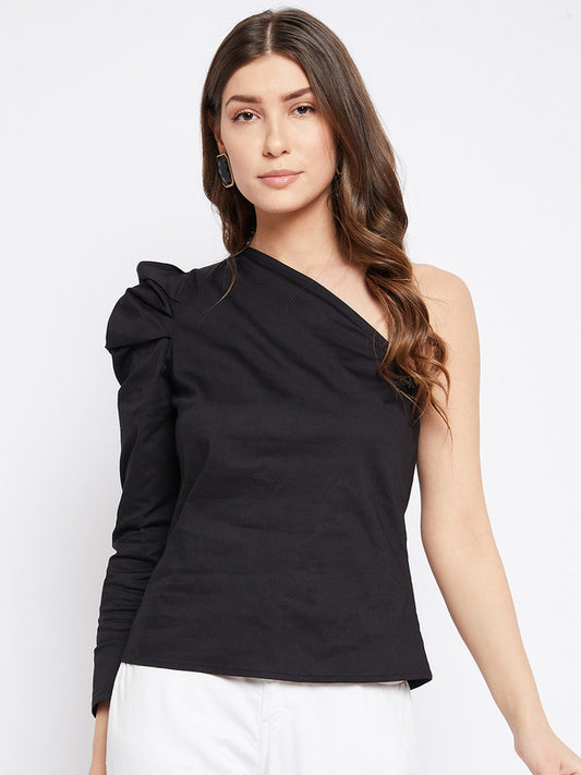 Black Coloured Popline Cotton with solid full sleeves with puff detailing Women Party/Daily wear Western One Shoulder Top!!