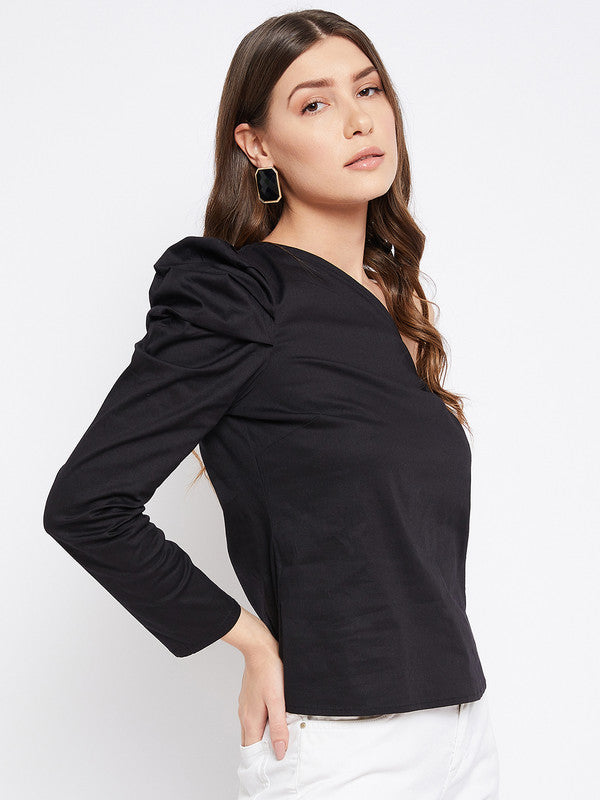 Black Coloured Popline Cotton with solid full sleeves with puff detailing Women Party/Daily wear Western One Shoulder Top!!