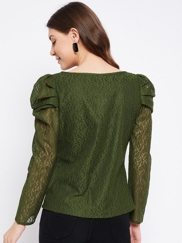Olive Coloured with self design round neck full puff sleeves Women Party/Daily wear Western Lace Top!!