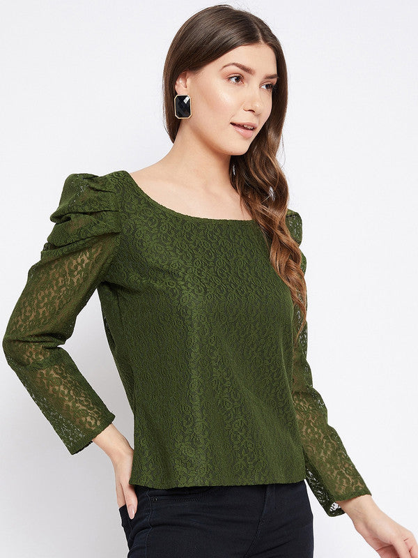 Olive Coloured with self design round neck full puff sleeves Women Party/Daily wear Western Lace Top!!