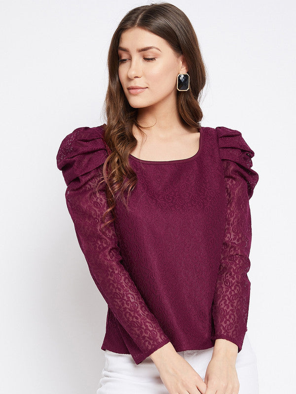 Burgundy Coloured with self design round neck full puff sleeves Women Party/Daily wear Western Lace Top!!