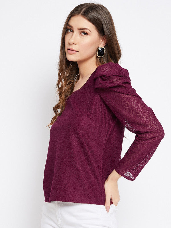 Burgundy Coloured with self design round neck full puff sleeves Women Party/Daily wear Western Lace Top!!