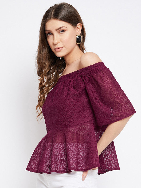 Burgundy Coloured with self design off shoulder neck short flared sleeves Women Party/Daily wear Western Lace Top!!