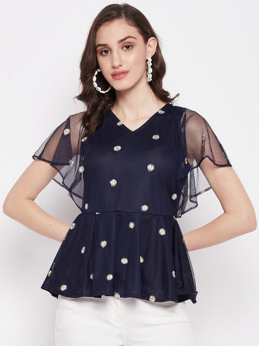 Blue Coloured with Embroidered V neck short flared sleeves attach lining Women Party/Daily wear Western Lace Peplum Top!!