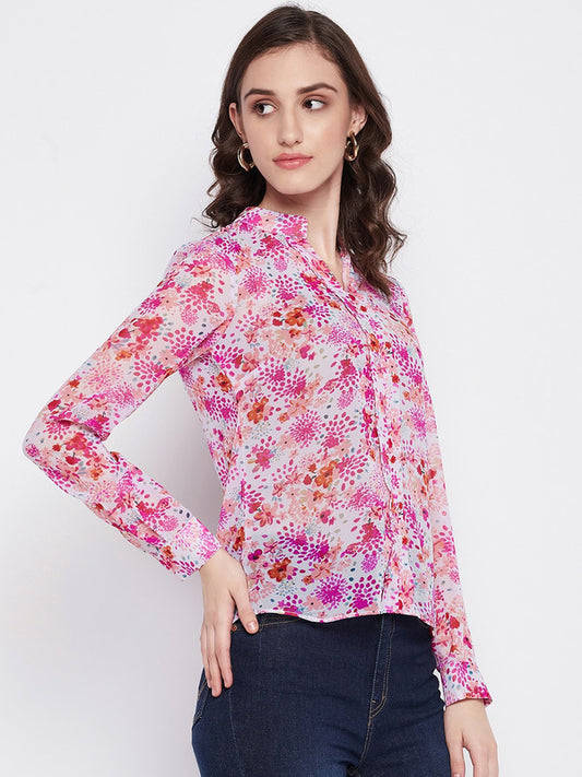 White & Pink Coloured with mandarian collar long cuffed sleeves Women Party/Daily wear Western Georgette Top!!