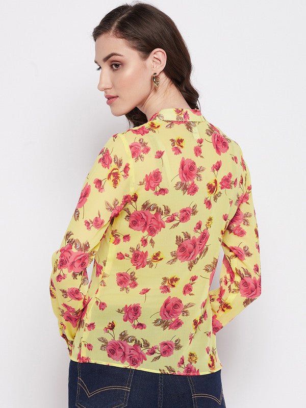 Yellow Coloured with Printed mandarian collar long cuffed sleeves Women Party/Daily wear Western Georgette Top!!