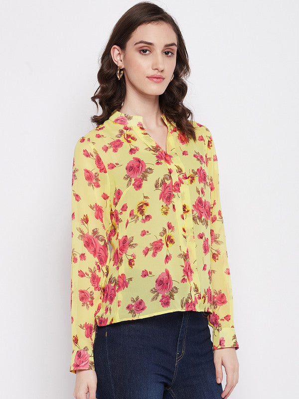 Yellow Coloured with Printed mandarian collar long cuffed sleeves Women Party/Daily wear Western Georgette Top!!