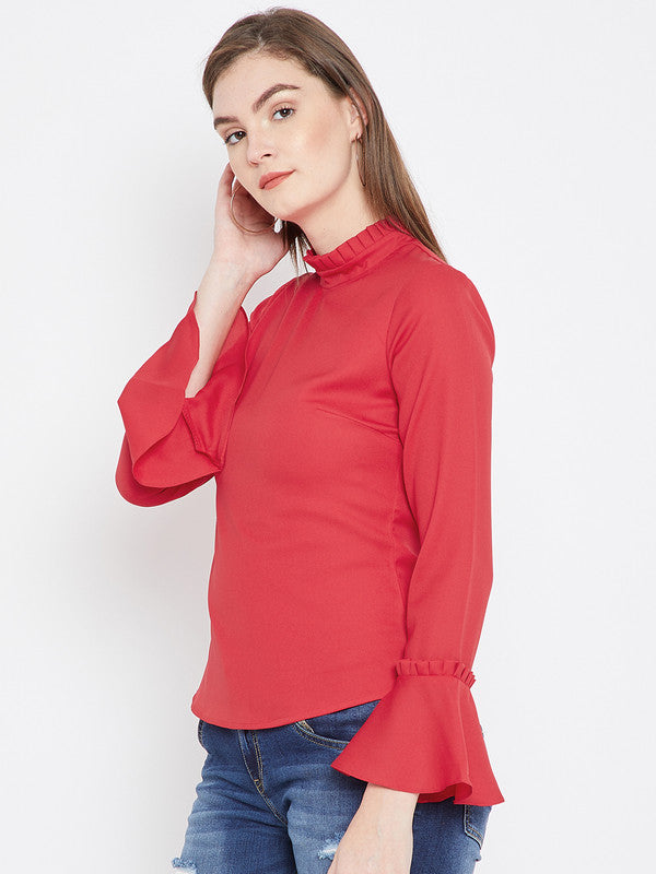Red Coloured with woven solid round high neck top long bell sleeves back button closure Women Party/Daily wear Western Top!!