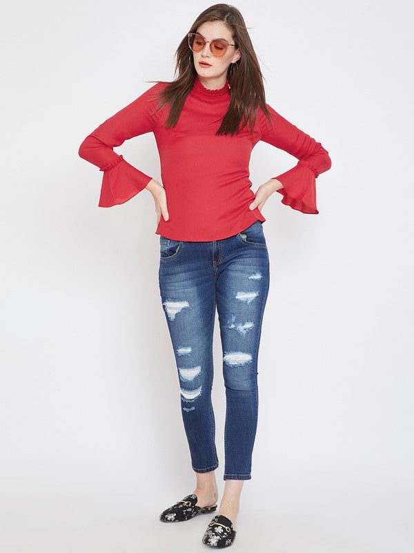 Red Coloured with woven solid round high neck top long bell sleeves back button closure Women Party/Daily wear Western Top!!