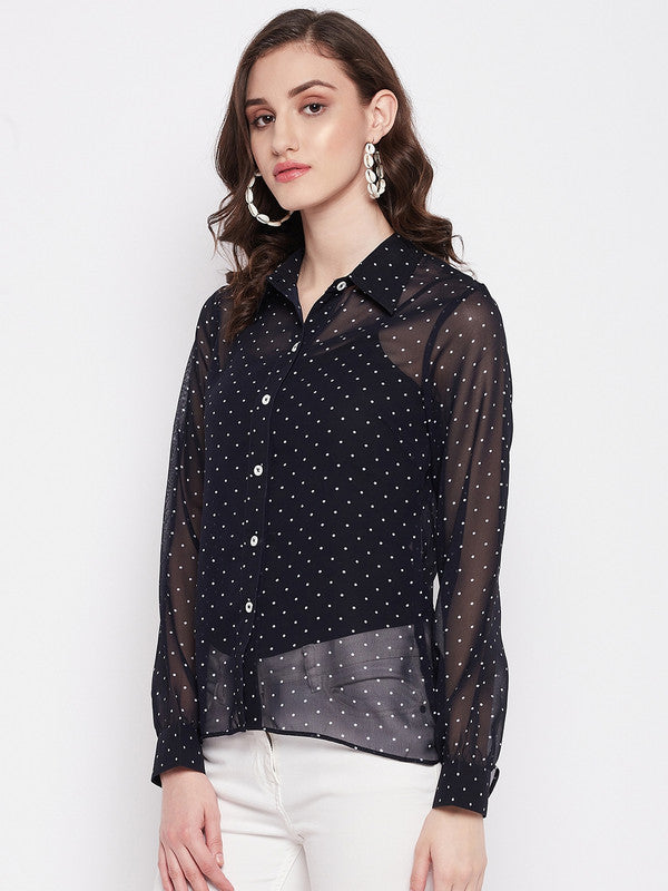 Blue Coloured with spread collar cuffed long slleves button closure Women Party/Daily wear Western Georgette Polka Dot Shirt!!