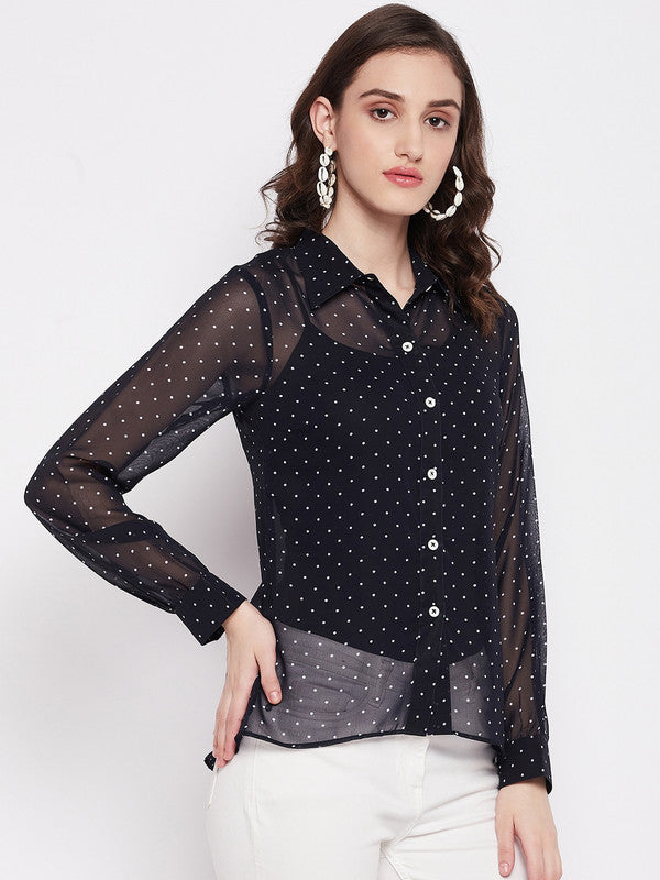 Blue Coloured with spread collar cuffed long slleves button closure Women Party/Daily wear Western Georgette Polka Dot Shirt!!