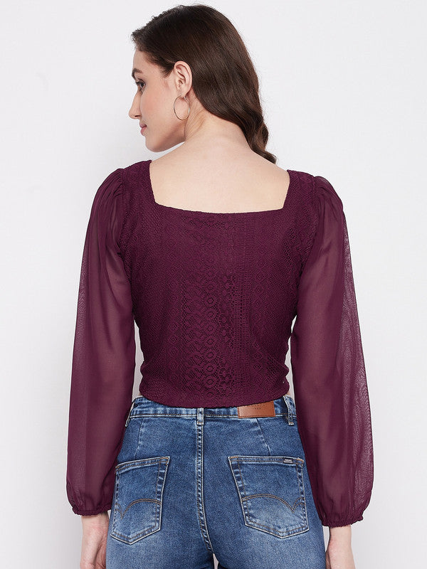 Burgundy Coloured with self design square neck long puff sleeves Women Party/Daily wear Western Lace Top!!
