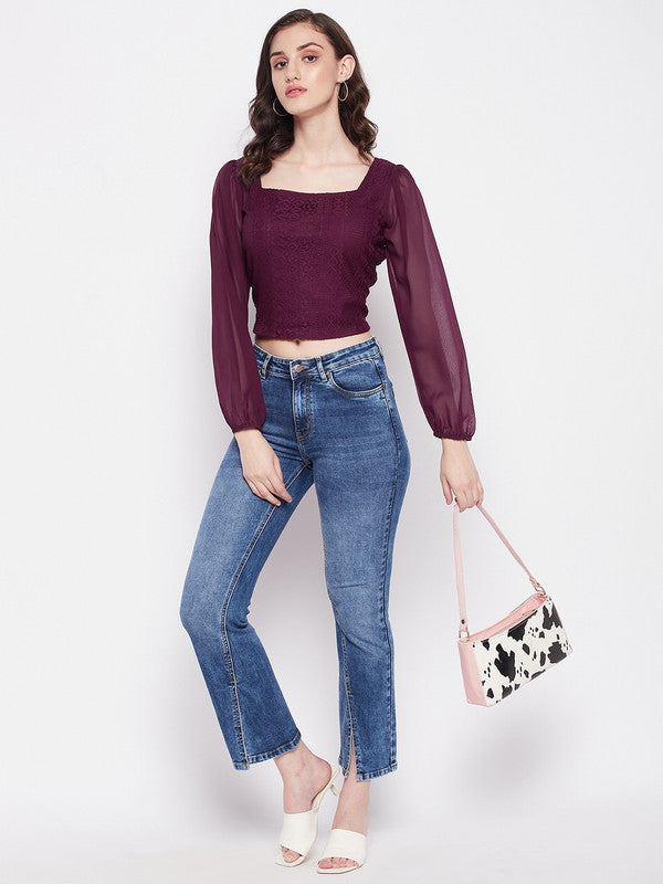 Burgundy Coloured with self design square neck long puff sleeves Women Party/Daily wear Western Lace Top!!