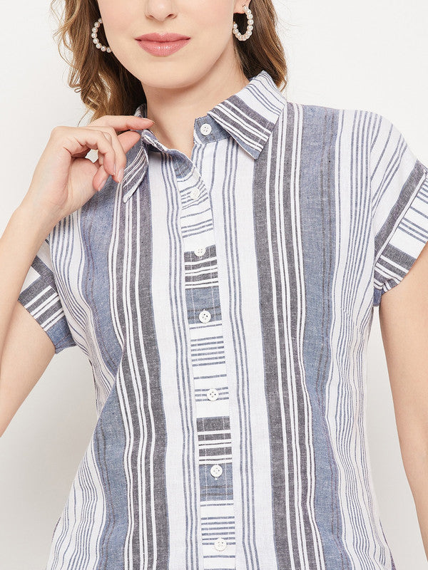 White & Blue Coloured with striped sort sleeves button closure spread collar Women Party/Daily wear Western Linen Shirt!!