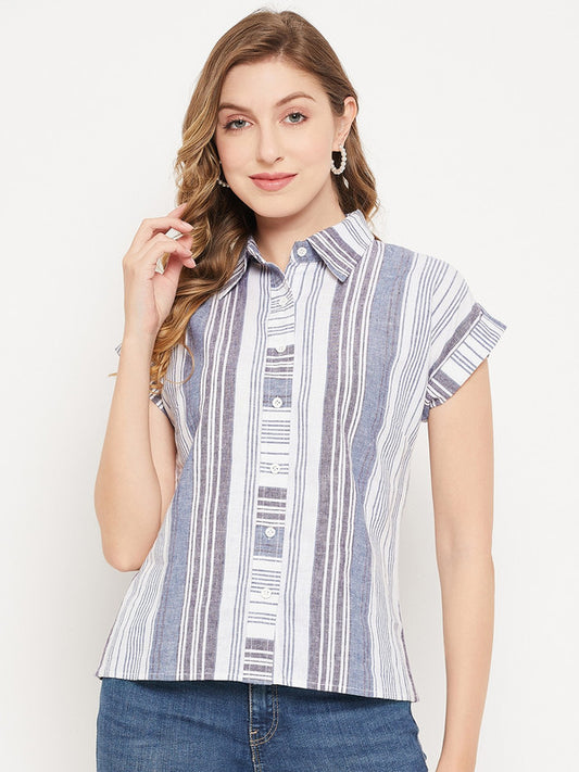 White & Blue Coloured with striped sort sleeves button closure spread collar Women Party/Daily wear Western Linen Shirt!!