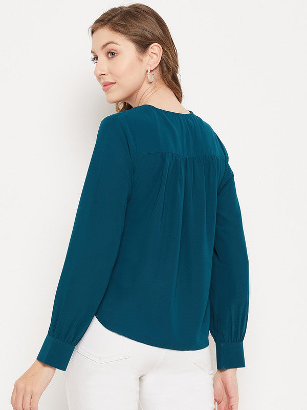 Teal Coloured with woven V neck long cuffed sleeves Women Party/Daily wear Western Solid Top!!
