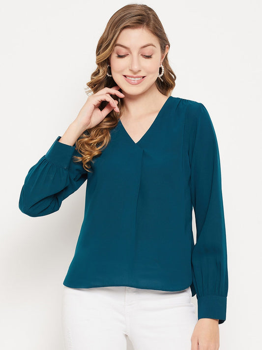 Teal Coloured with woven V neck long cuffed sleeves Women Party/Daily wear Western Solid Top!!