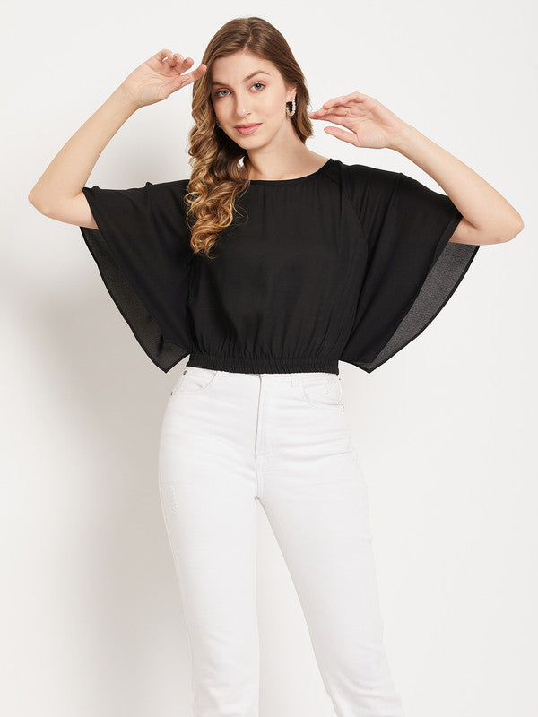 Black Coloured with solid round neck short flared sleeves Women Party/Daily wear Western Crop Top!!
