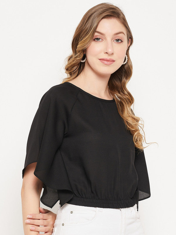 Black Coloured with solid round neck short flared sleeves Women Party/Daily wear Western Crop Top!!