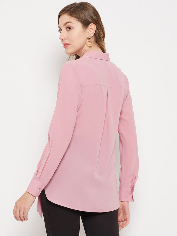 Pink Coloured with spread collar long cuffed sleeves Women Party/Daily wear Western Longline Shirt Style Top!!