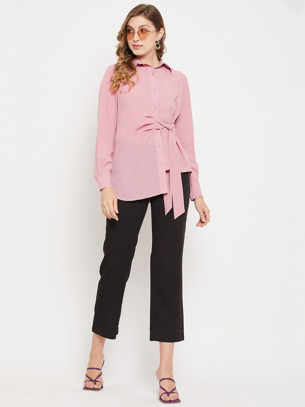 Pink Coloured with spread collar long cuffed sleeves Women Party/Daily wear Western Longline Shirt Style Top!!
