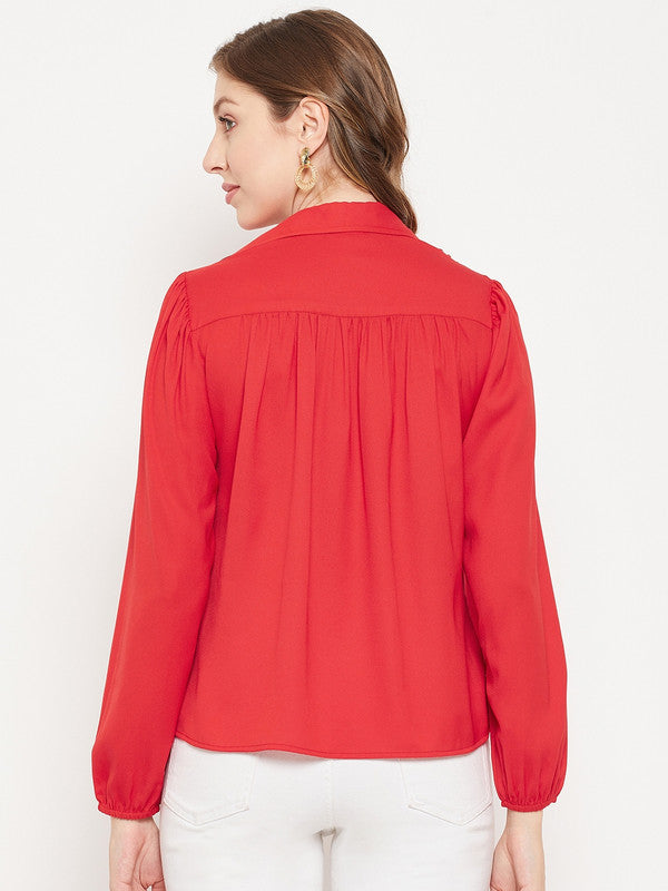Red Coloured with woven spread collar long puff sleeves Women Party/Daily wear Western Solid Top!!