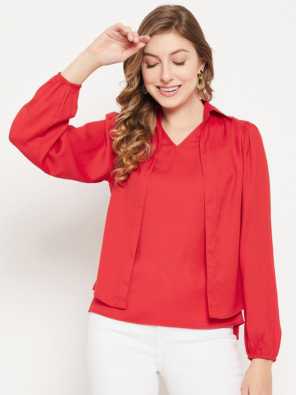 Red Coloured with woven spread collar long puff sleeves Women Party/Daily wear Western Solid Top!!