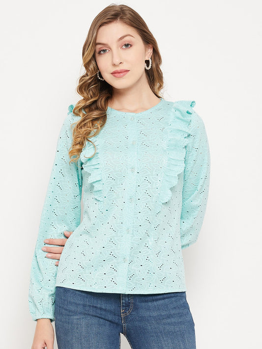 Light blue Coloured with round neck full sleeves front button closure Women Party/Daily wear Western Shirt Style Top!!